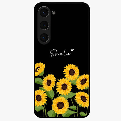 Sunflower Chic Mood Custom Name Glass Case showing flat back view with stylish sunflower artwork and personalized name design.