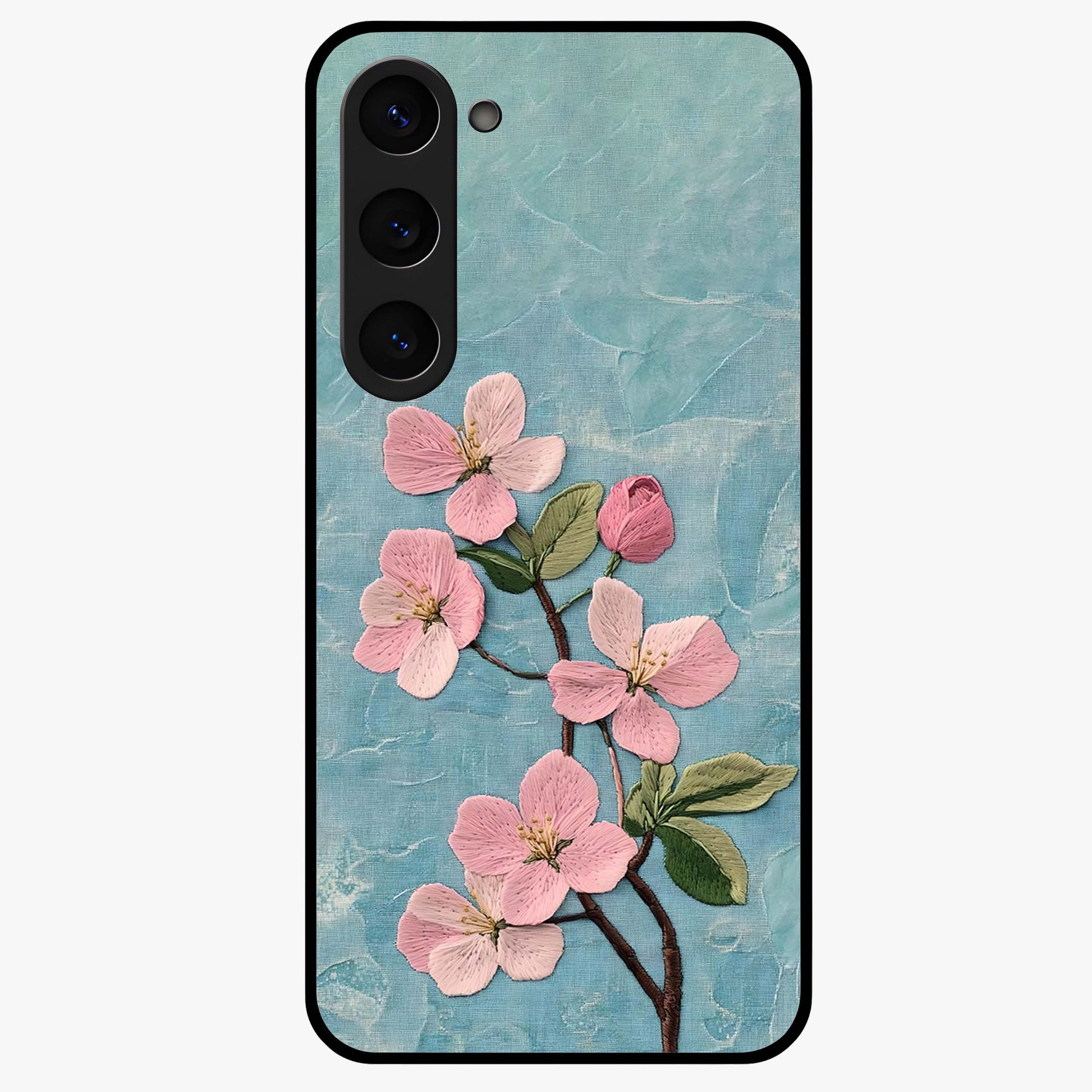 Threaded Blossom Breeze Glass Case showing flat back view with delicate blossom artwork and glossy glass finish.