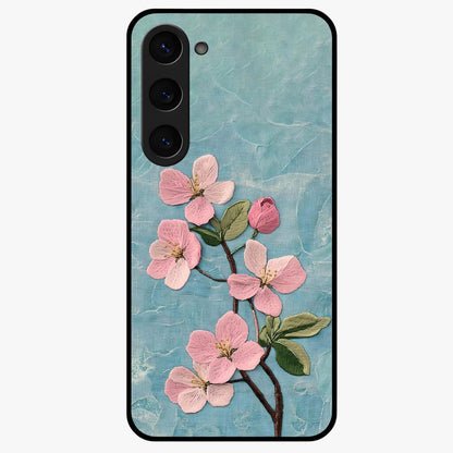 Threaded Blossom Breeze Glass Case showing flat back view with delicate blossom artwork and glossy glass finish.