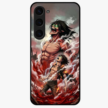 Titan Awakening Fury Glass Case showing flat back view with powerful titan inspired artwork and glossy glass finish.