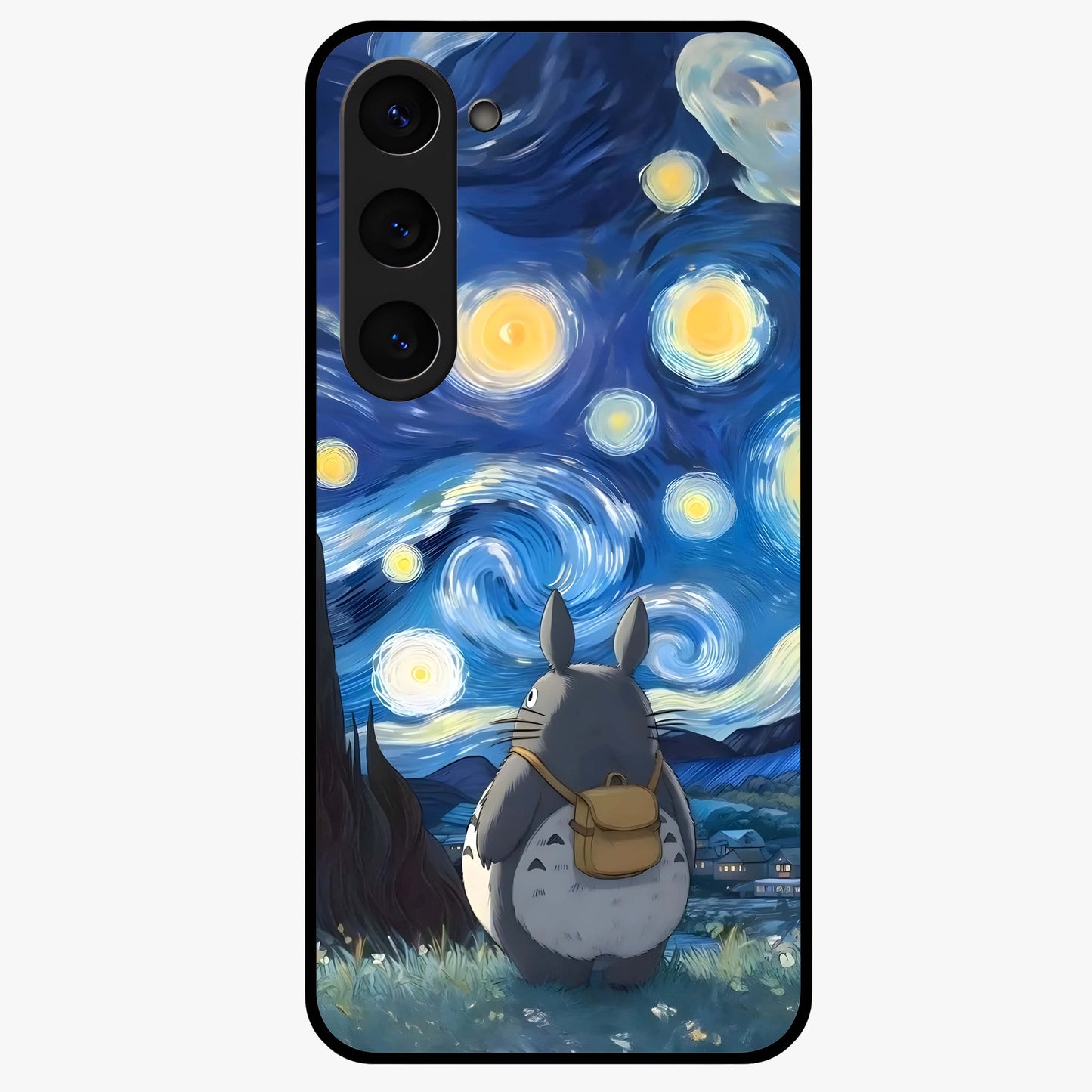 Totoro In Van Gogh Art Glass Case showing flat back view with whimsical character artwork inspired by Van Gogh style and glossy glass finish.