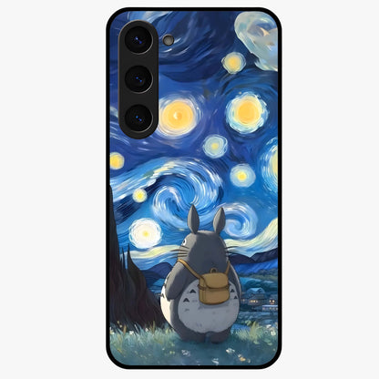 Totoro In Van Gogh Art Glass Case showing flat back view with whimsical character artwork inspired by Van Gogh style and glossy glass finish.