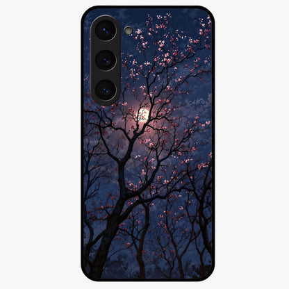 Twilight Sakura Serenade Glass Case showing flat back view with cherry blossom artwork at twilight and glossy glass finish.