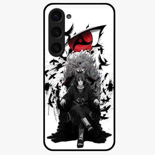 Uchiha Shadow Throne Glass Case showing flat back view with cosmic underwater themed artwork and glossy glass finish.