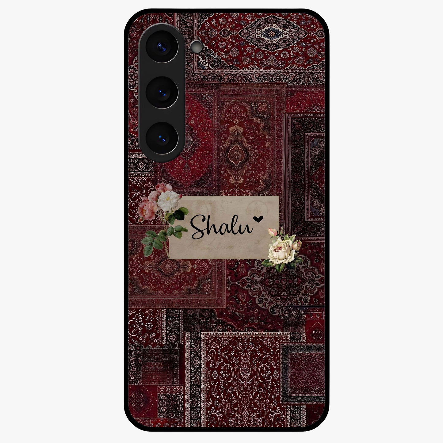 Velvet Wine Pattern Custom Name Glass Case showing flat back view with elegant wine colored pattern artwork and personalized name design.