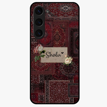 Velvet Wine Pattern Custom Name Glass Case showing flat back view with elegant wine colored pattern artwork and personalized name design.