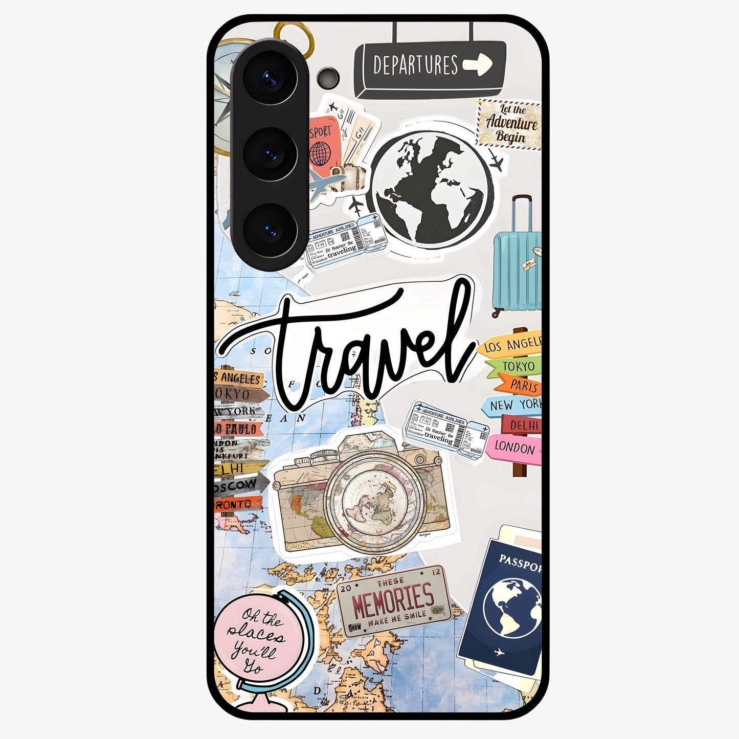 Wanderlust Journal Glass Case showing flat back view with travel inspired artwork and glossy glass finish.