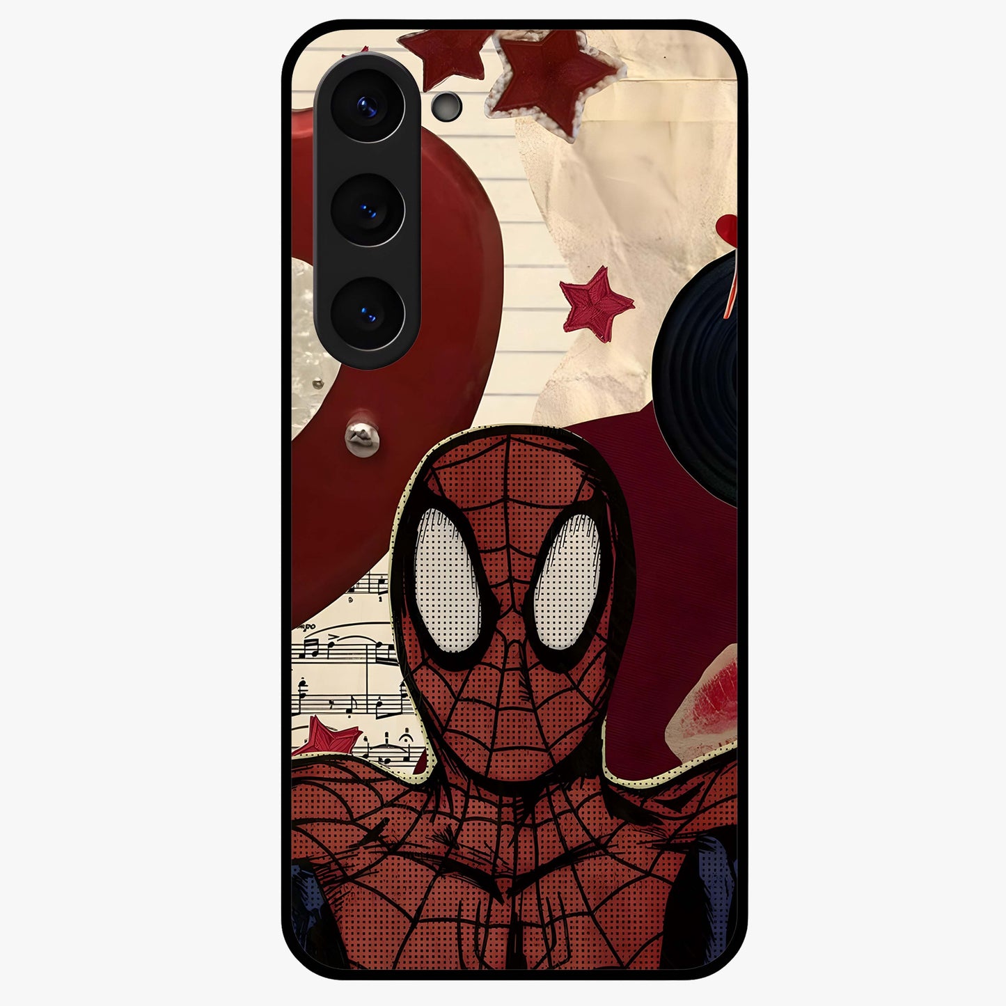 Web Warrior Vibes Glass Case showing flat back view with superhero inspired web themed artwork and glossy glass finish.