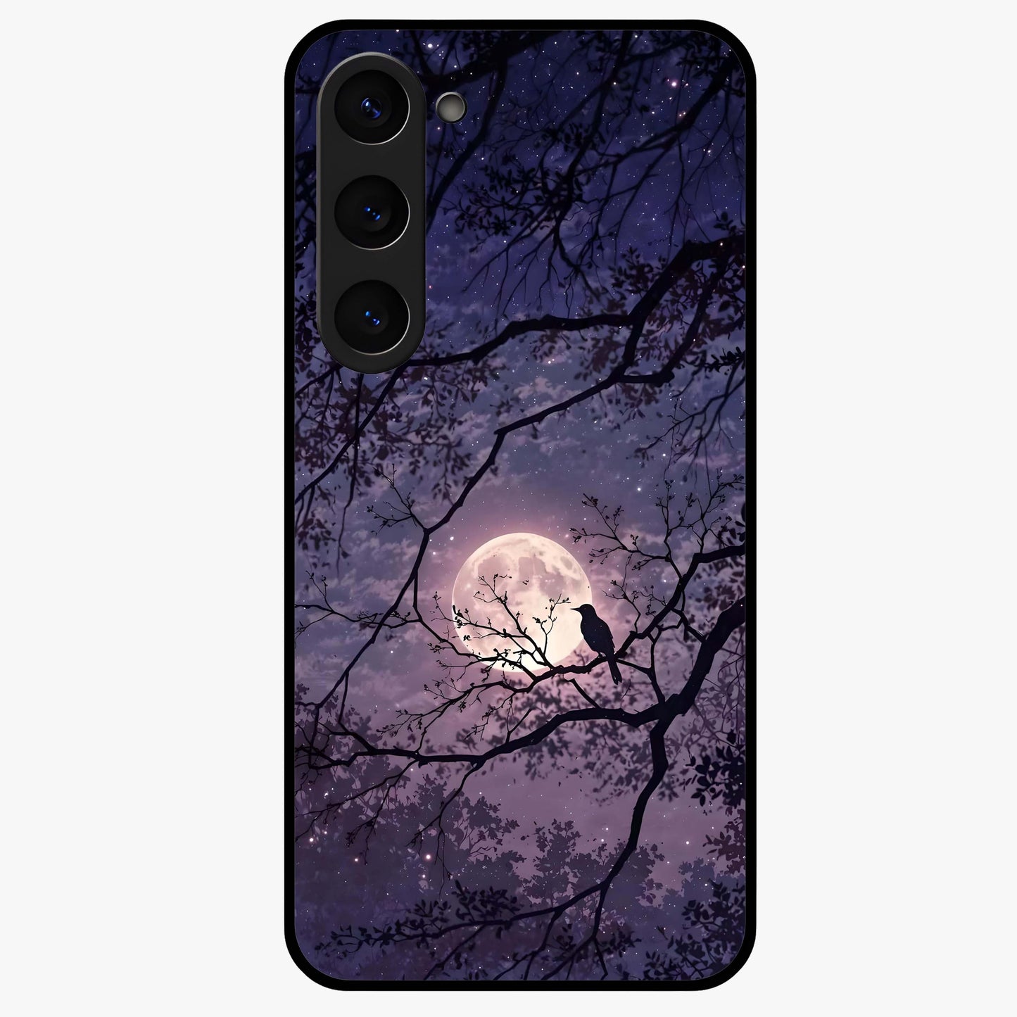 Whispering Moon Silence Glass Case showing flat back view with serene moon themed artwork and glossy glass finish.