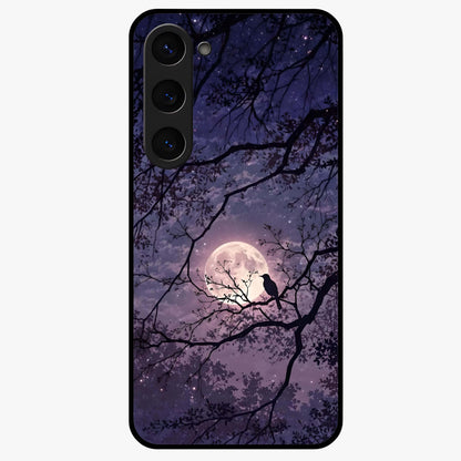 Whispering Moon Silence Glass Case showing flat back view with serene moon themed artwork and glossy glass finish.