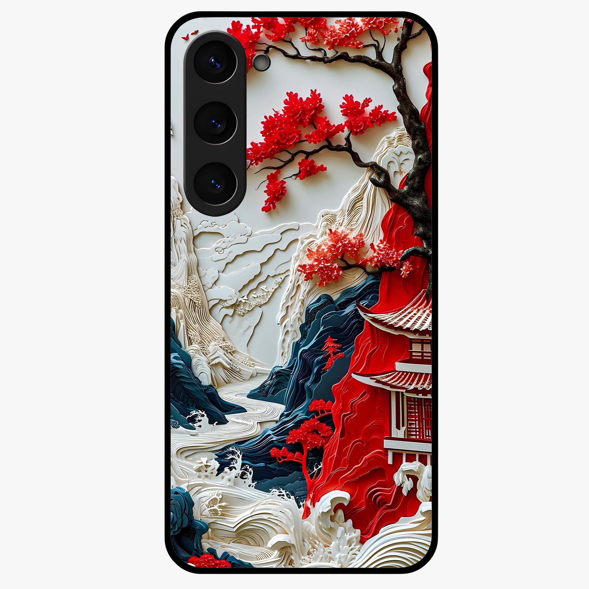 Whispers Of Sakura Waves Glass Case showing flat back view with cherry blossom wave artwork and glossy glass finish.