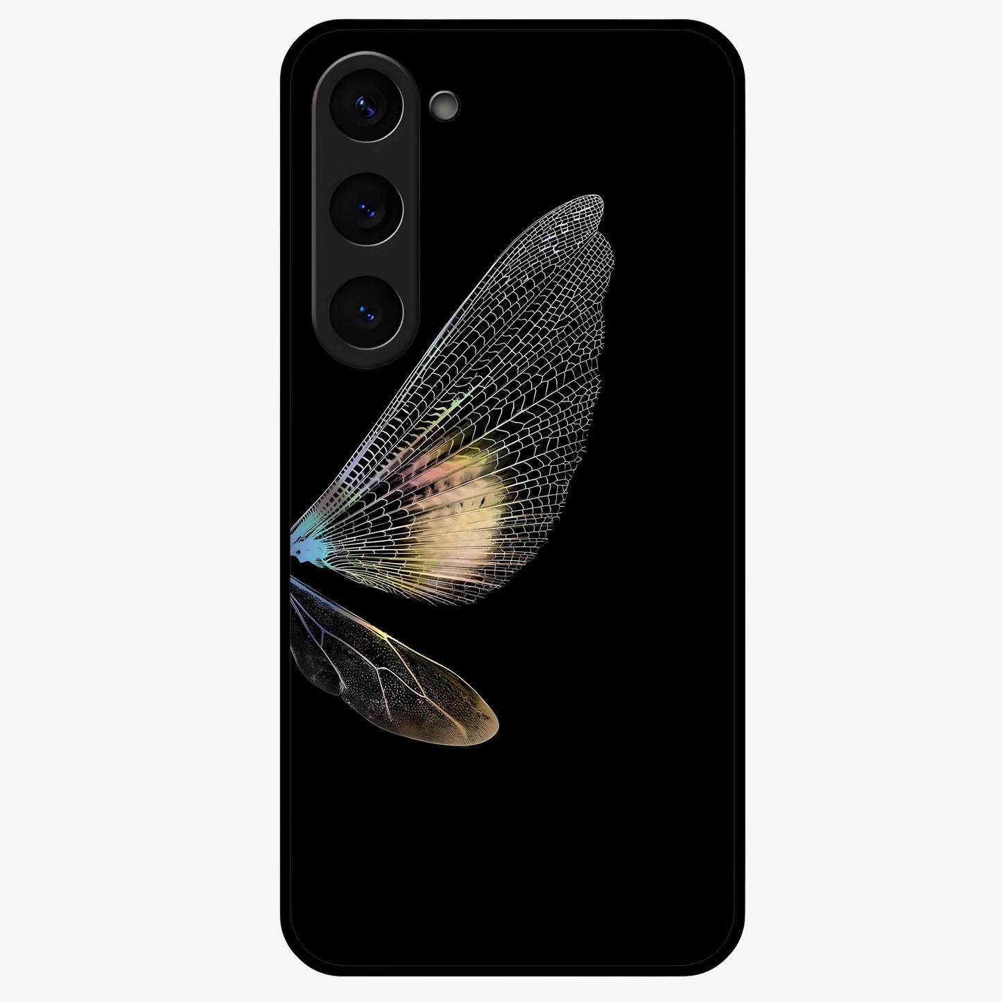 Whispers Of Wings Glass Case showing flat back view with graceful wing inspired artwork and glossy glass finish.