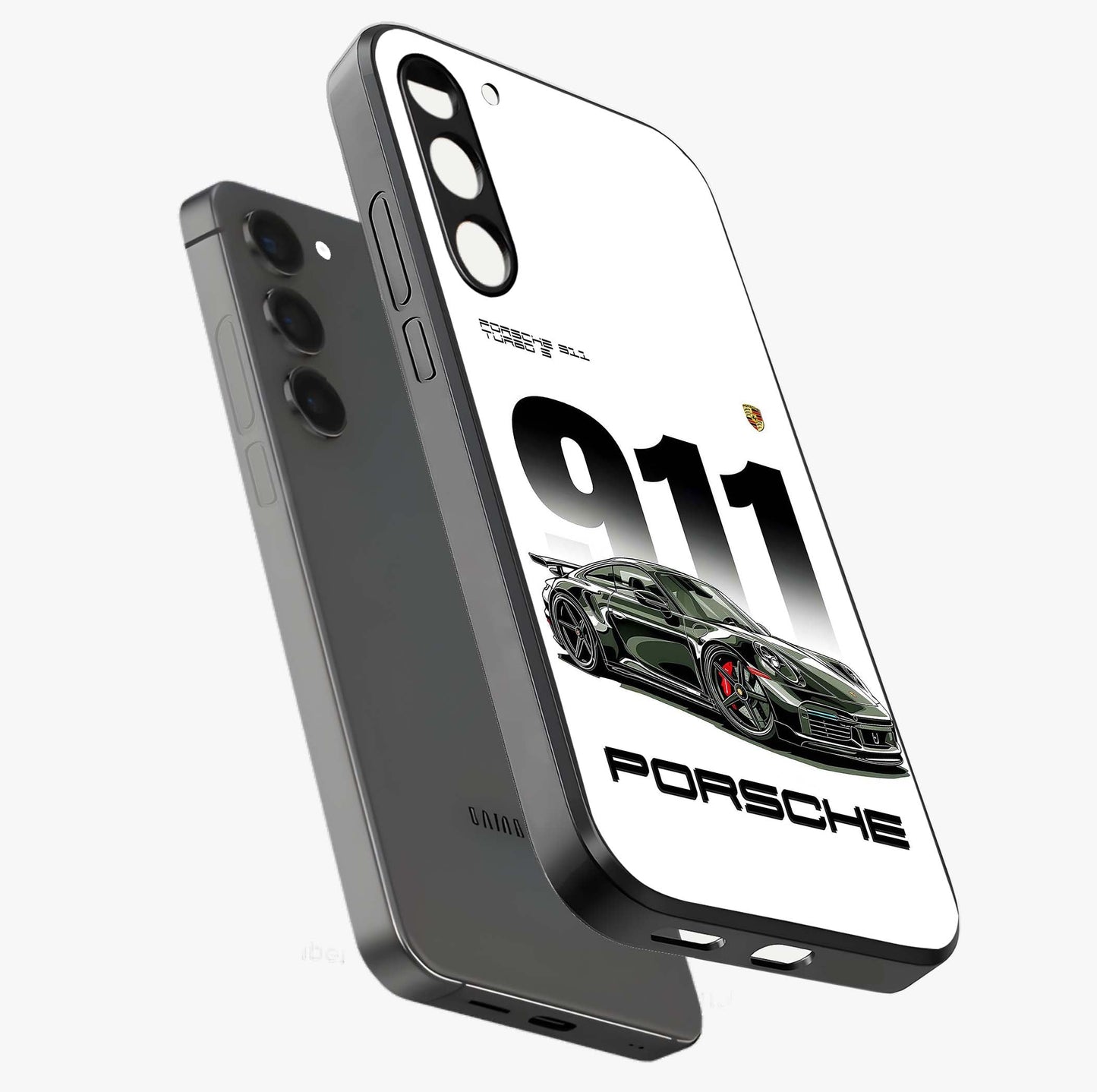 911 Turbo Dominance Glass Case displayed in premium angled mockup highlighting sporty car illustration and sleek glass surface.