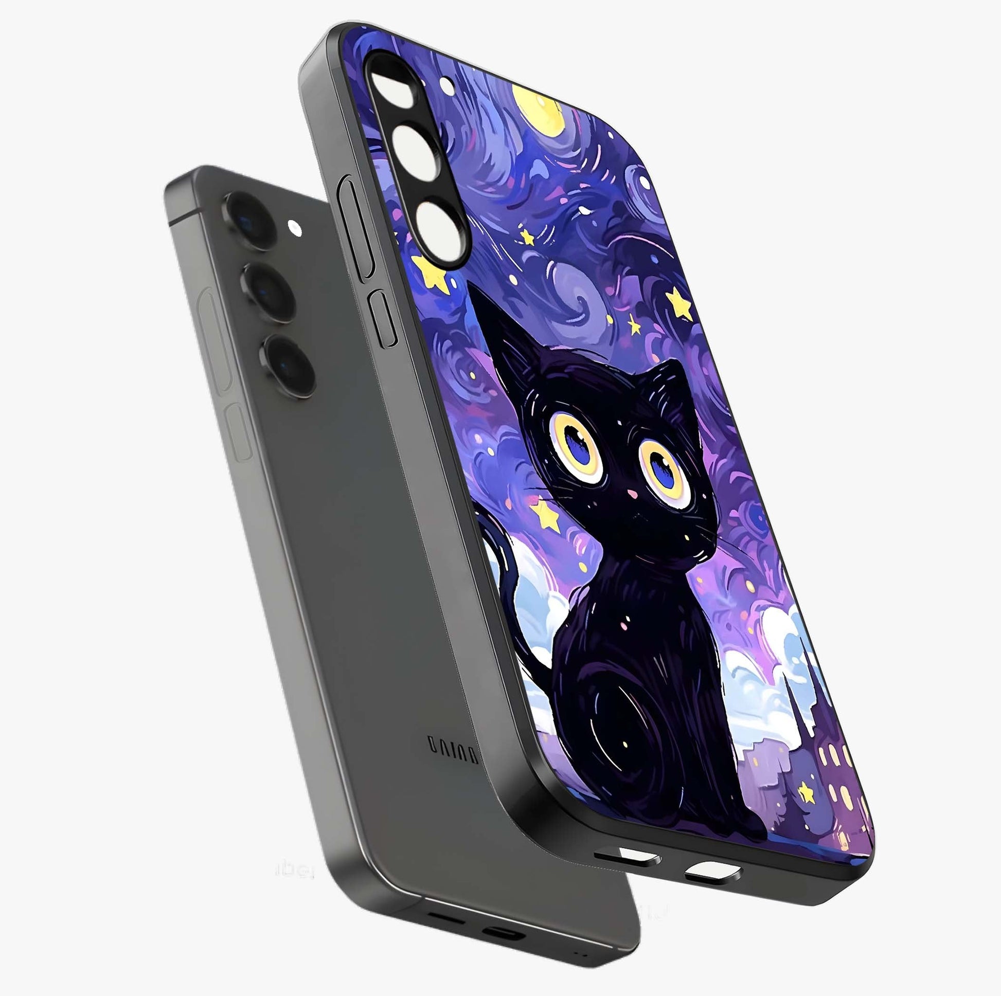 Abstract Cat Art Glass Case displayed in angled mockup highlighting modern abstract cat artwork and sleek glass surface.