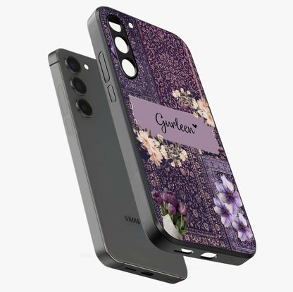 Antique Floral Whisper Custom Name Glass Case displayed in angled mockup highlighting elegant antique floral aesthetic.