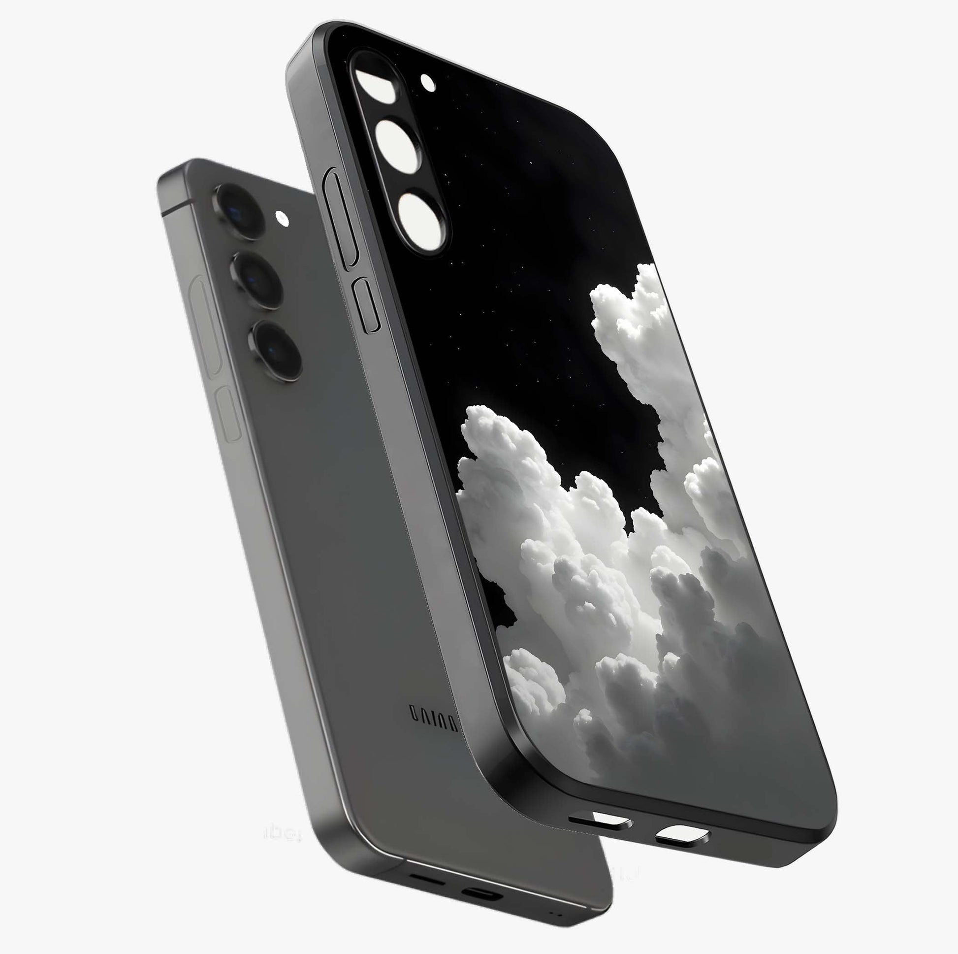 Black Background With White Cloud Glass Case displayed in angled mockup highlighting soft white cloud illustration and minimal design.
