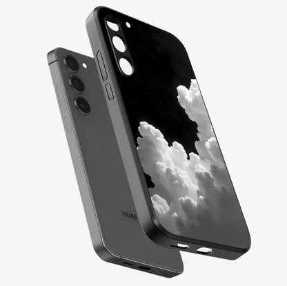 Black Background With White Cloud Glass Case displayed in angled mockup highlighting soft white cloud illustration and minimal design.