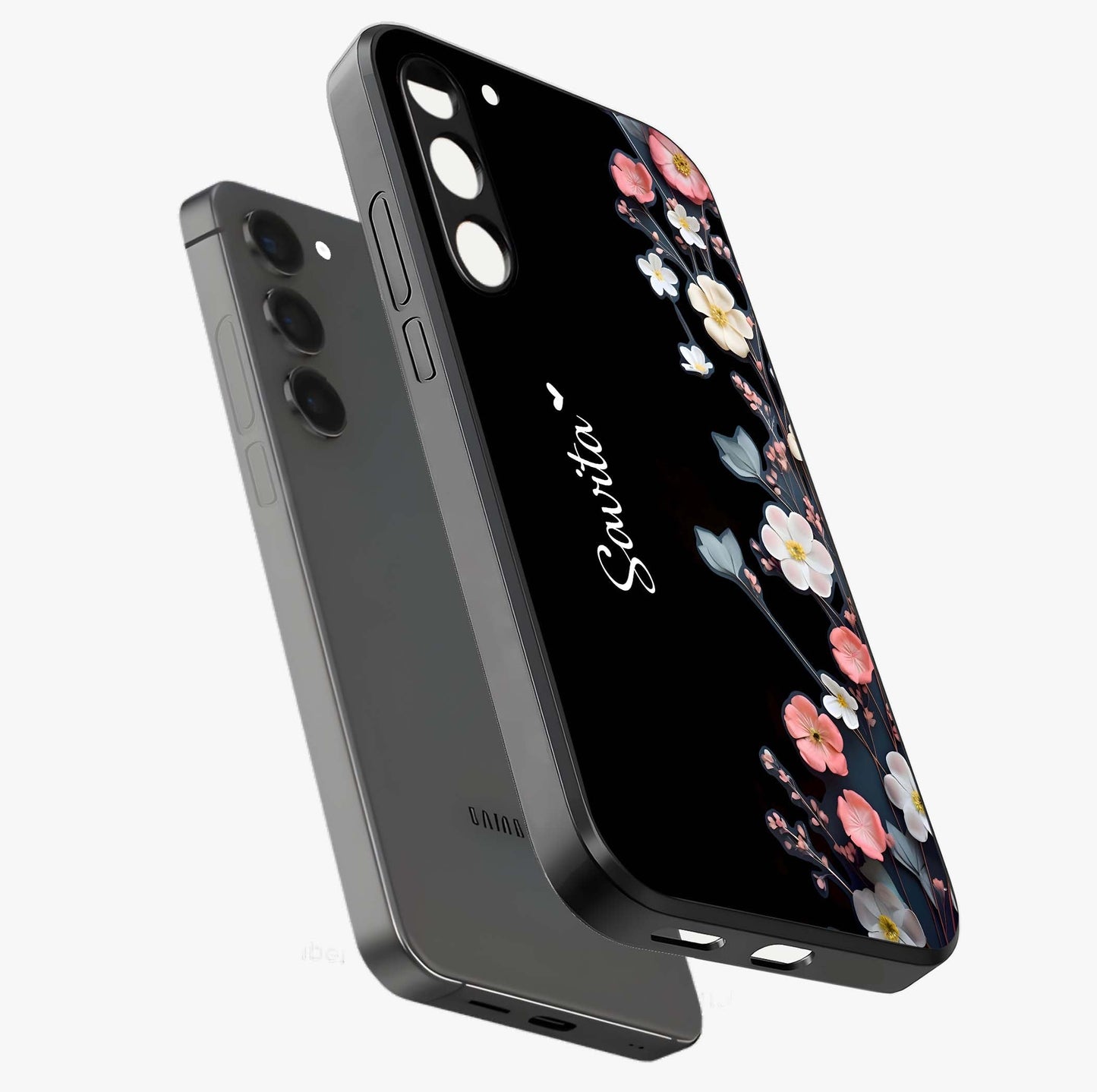 Black Elegance Floral Custom Name Glass Case displayed in angled mockup highlighting dark floral aesthetic and custom name feature.