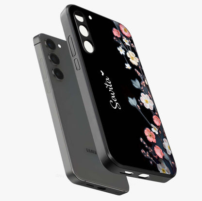 Black Elegance Floral Custom Name Glass Case displayed in angled mockup highlighting dark floral aesthetic and custom name feature.