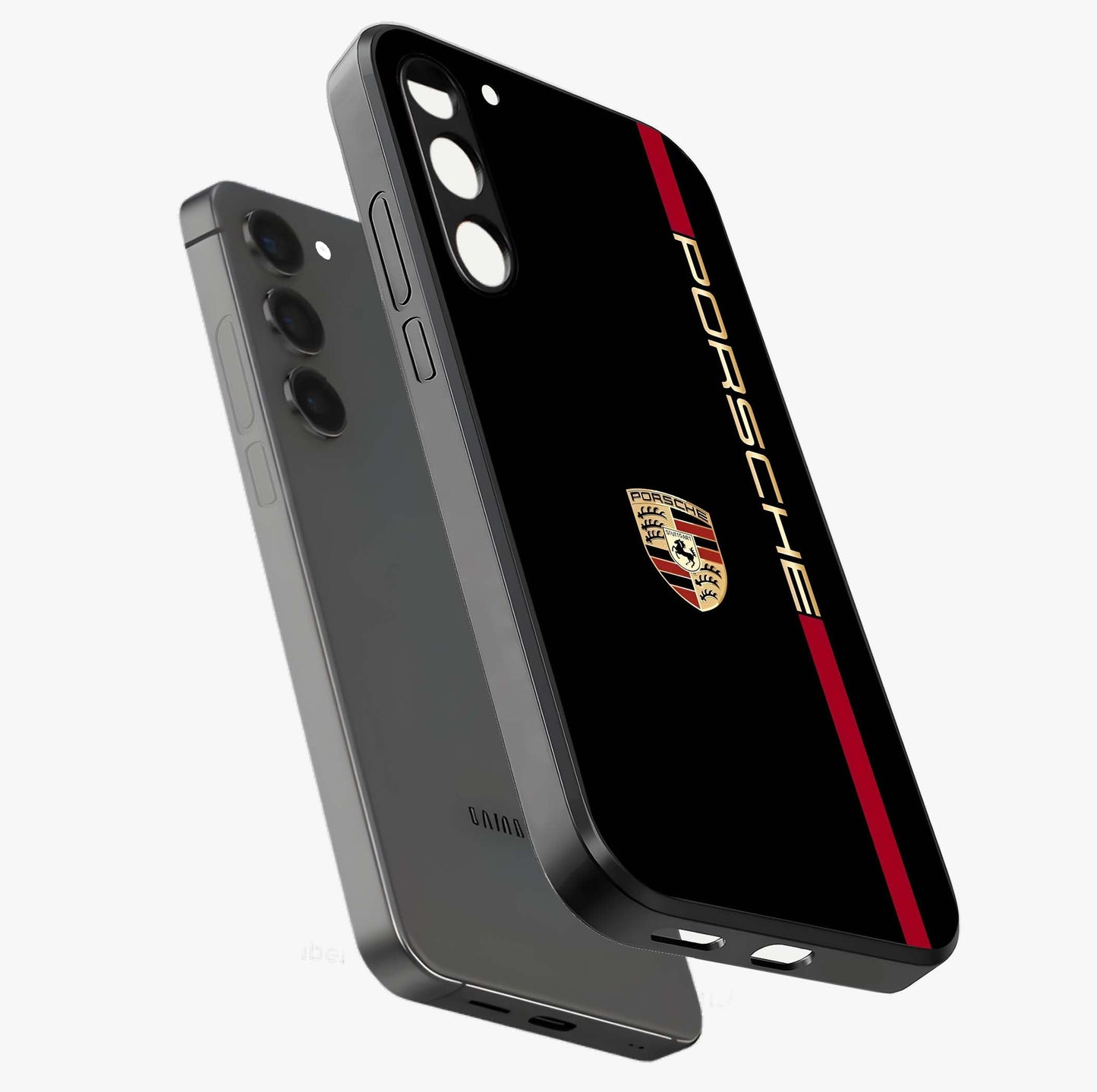 Black Minimal Porsche Glass Case displayed in angled mockup highlighting modern minimal car illustration and clean aesthetic design.