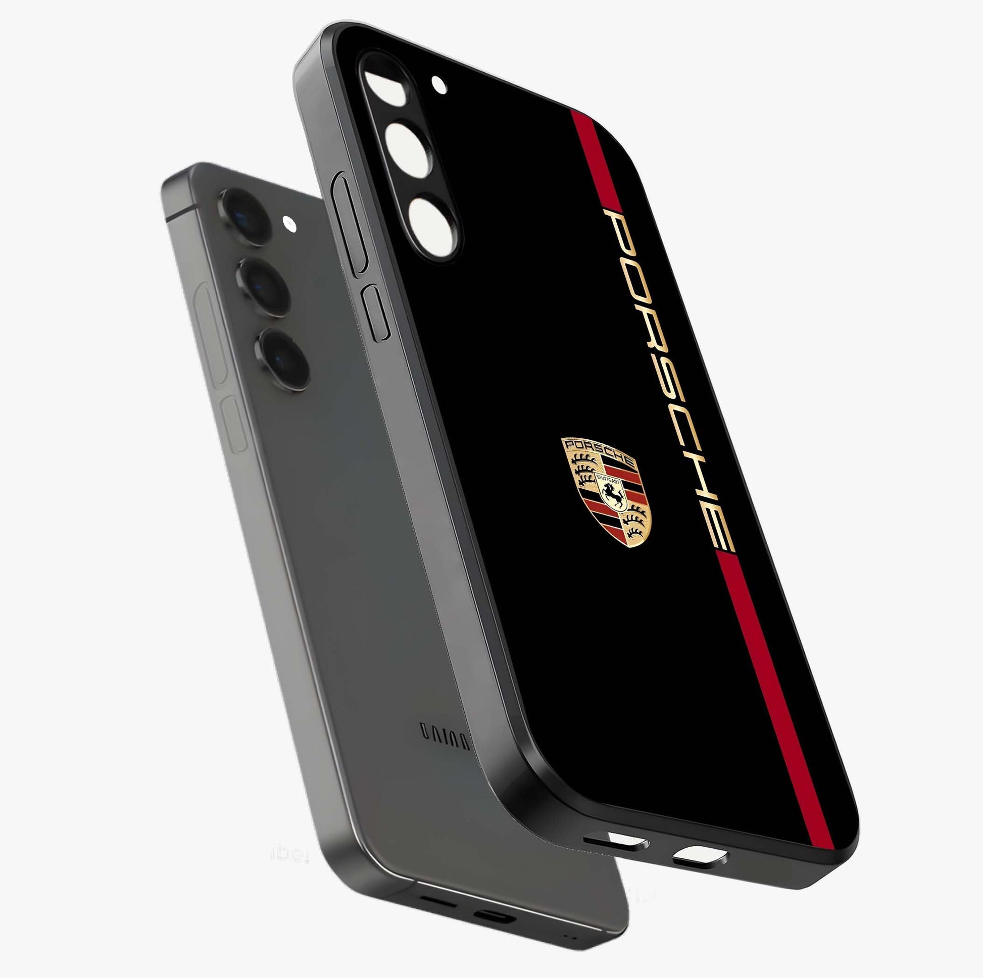 Black Minimal Porsche Glass Case displayed in angled mockup highlighting modern minimal car illustration and clean aesthetic design.