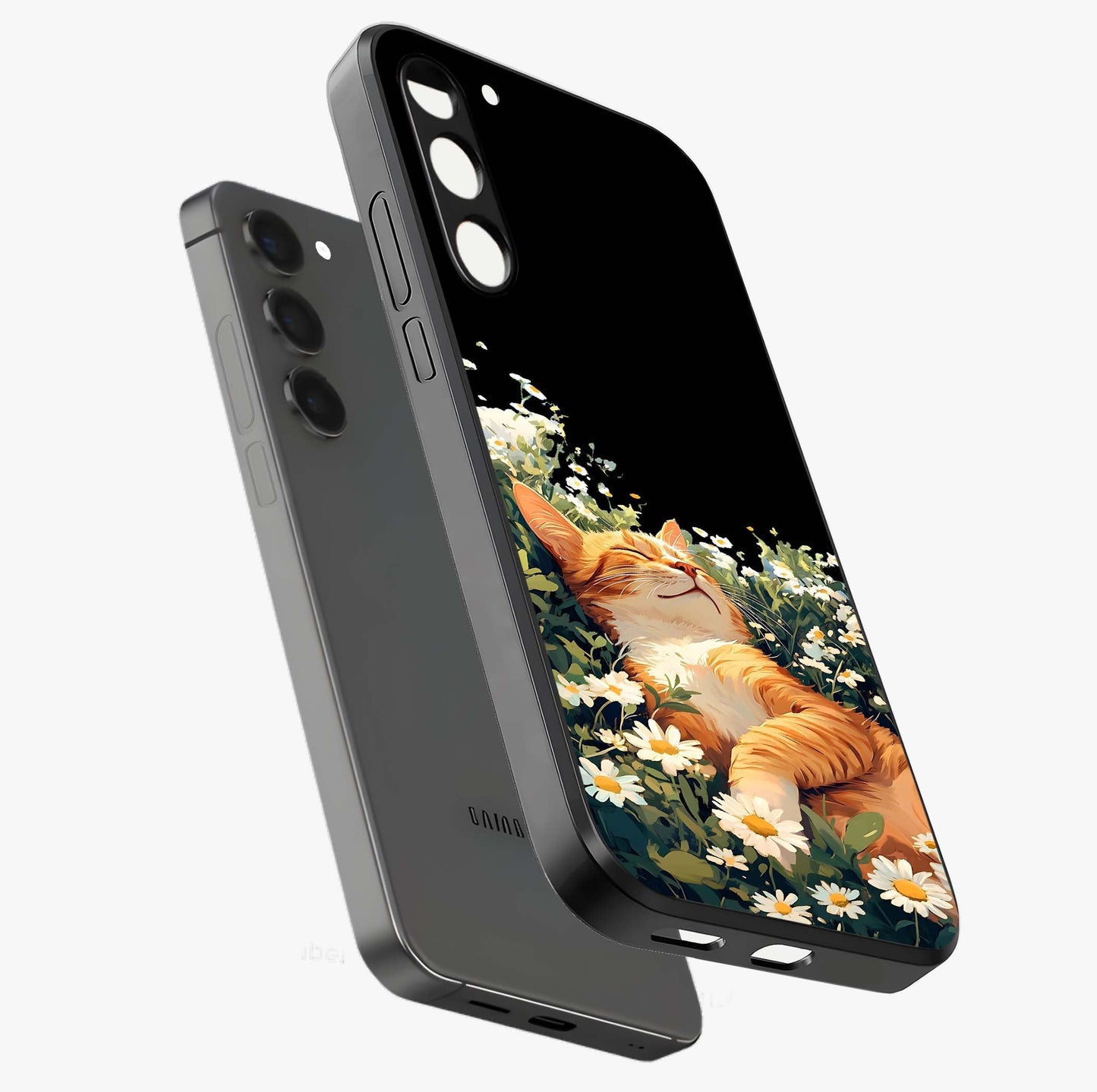 Blissful Bloom Cat Glass Case displayed in angled mockup highlighting playful feline illustration with soft floral aesthetic.