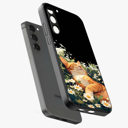 Blissful Bloom Cat Glass Case displayed in angled mockup highlighting playful feline illustration with soft floral aesthetic.