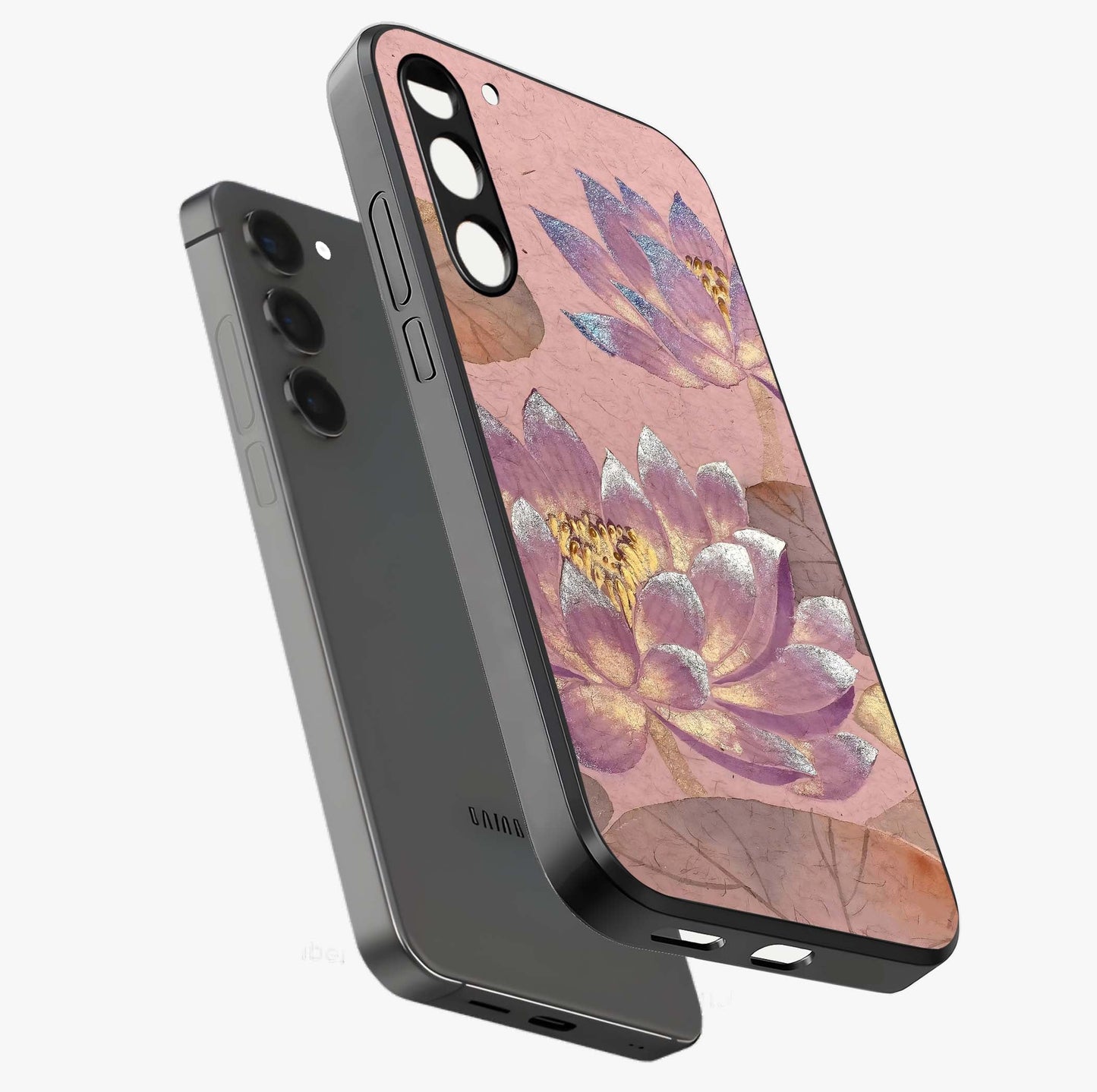 Blossom Mist Lotus Glass Case displayed in angled mockup highlighting delicate lotus illustration with calm aesthetic theme.