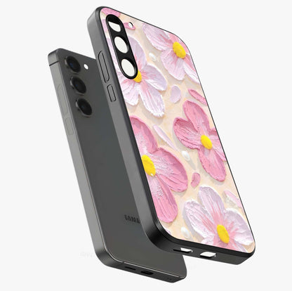 Blush Bloom Texture Glass Case displayed in angled mockup highlighting subtle bloom pattern with aesthetic pastel design.