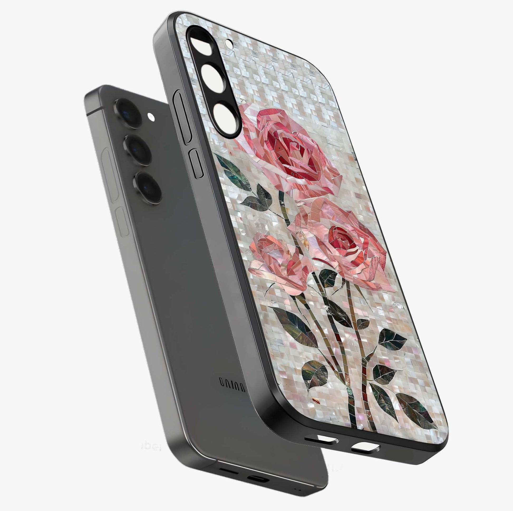 Blush Mosaic Bloom Glass Case displayed in angled mockup highlighting artistic mosaic flower pattern with aesthetic design.