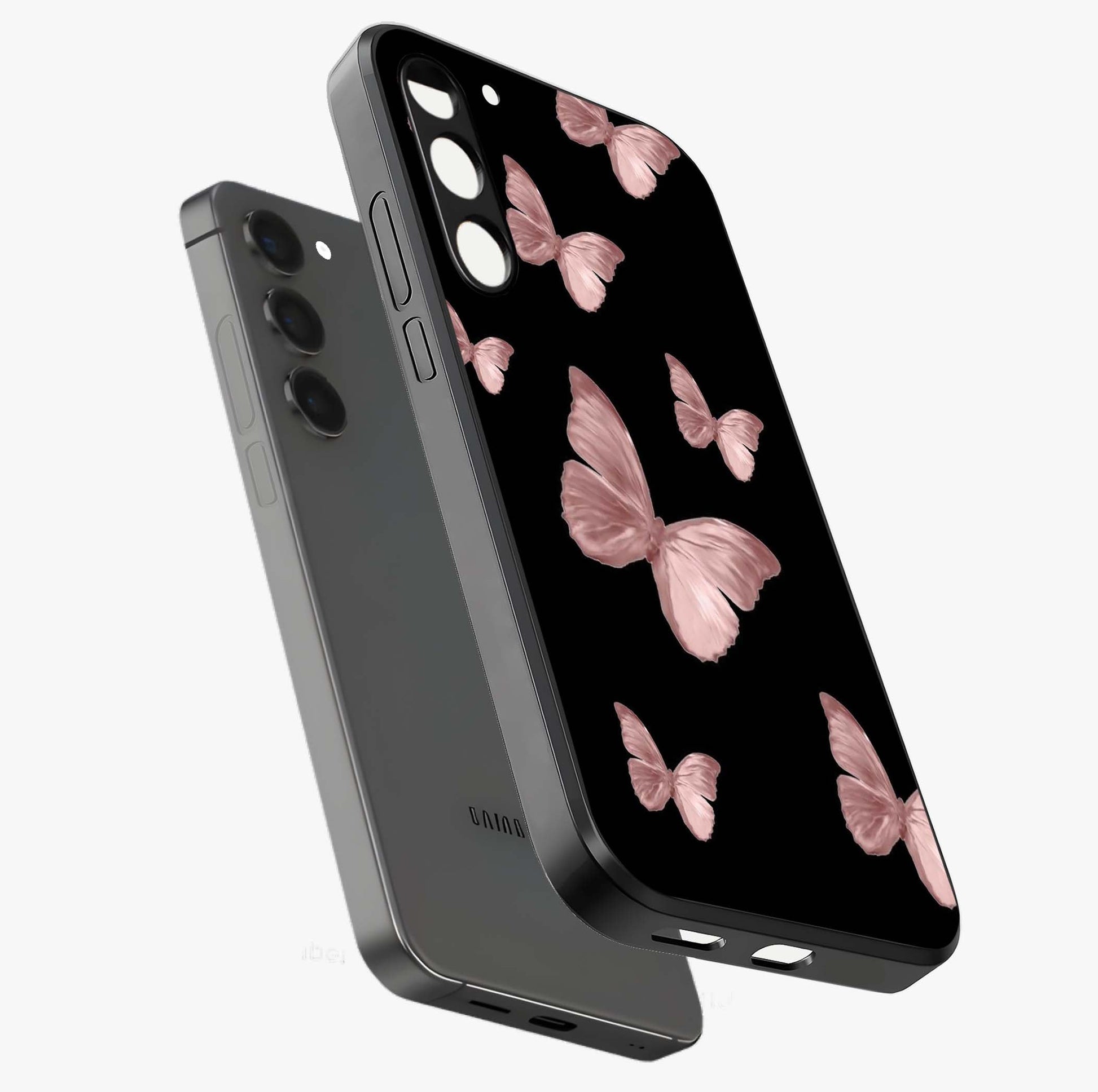 Butterfly Pattern Glass Case displayed in angled mockup highlighting delicate butterfly design and aesthetic pattern style.