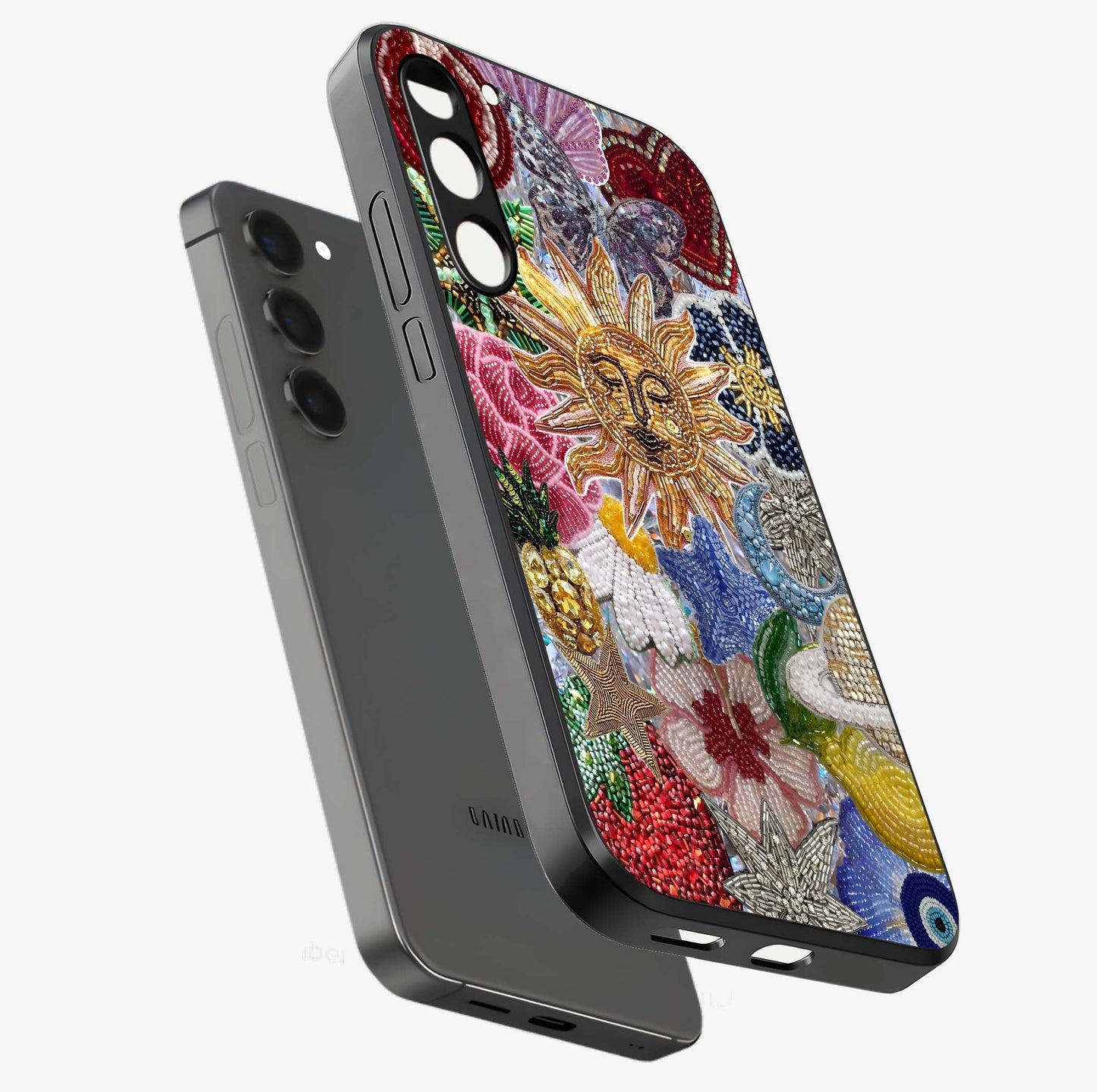 Celestial Floral and Playful Glass Case displayed in angled mockup highlighting playful floral design with dreamy celestial elements.
