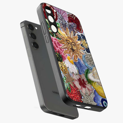 Celestial Floral and Playful Glass Case displayed in angled mockup highlighting playful floral design with dreamy celestial elements.