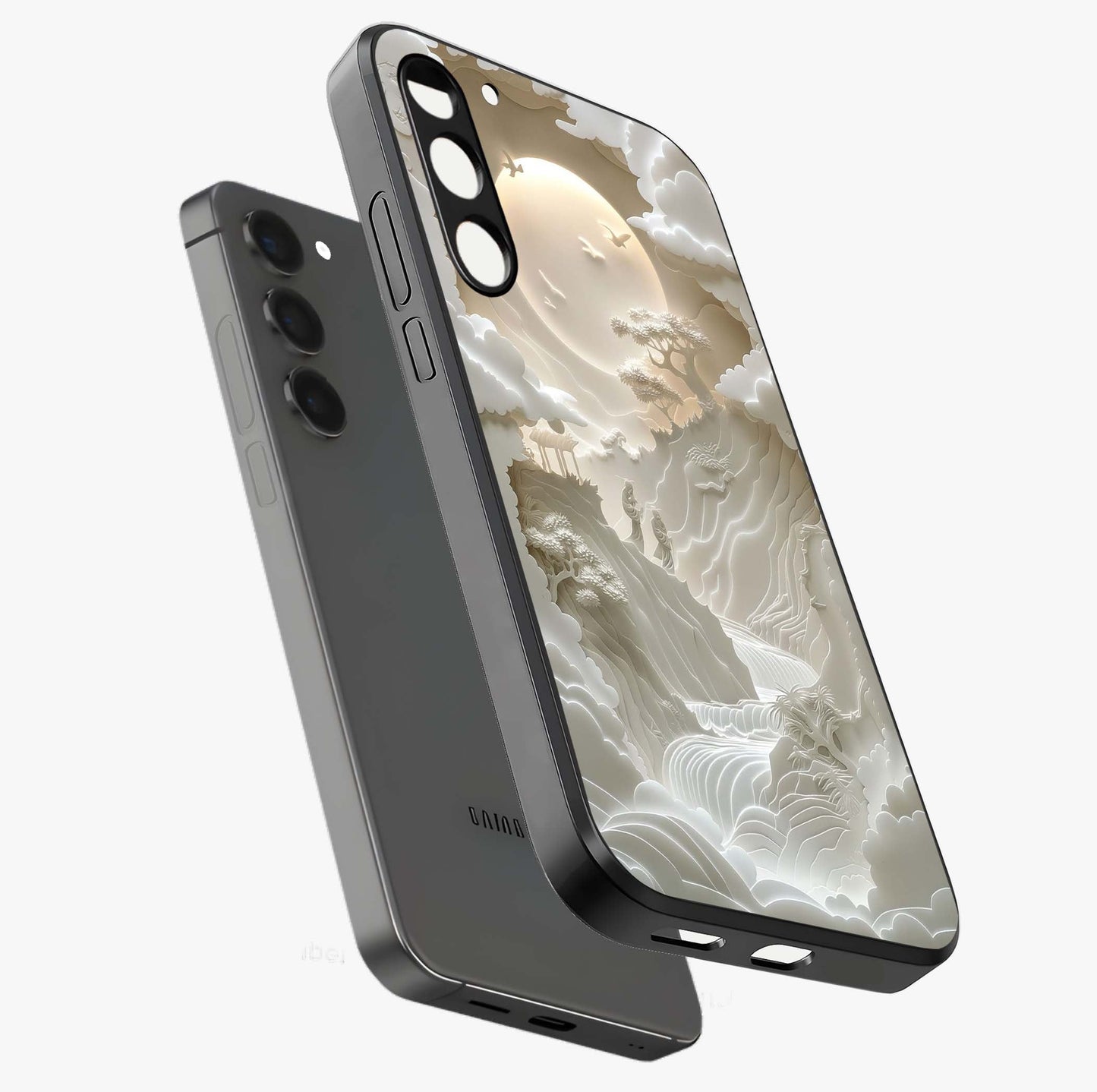 Celestial Origami Glass Case displayed in angled mockup highlighting geometric origami design with cosmic aesthetic theme.