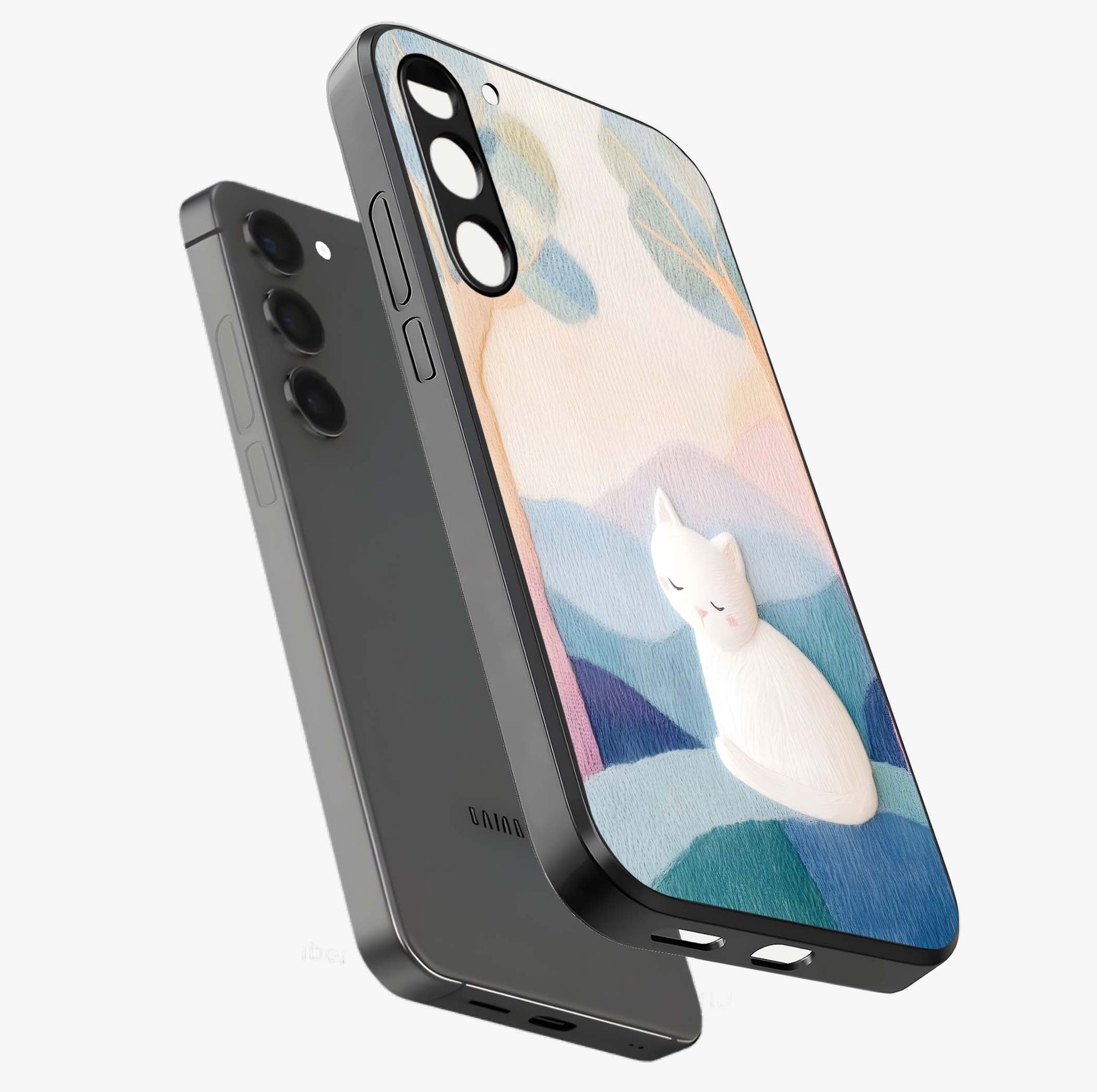 Cotton Dream Cat Glass Case displayed in angled mockup highlighting cute feline illustration with pastel aesthetic style.