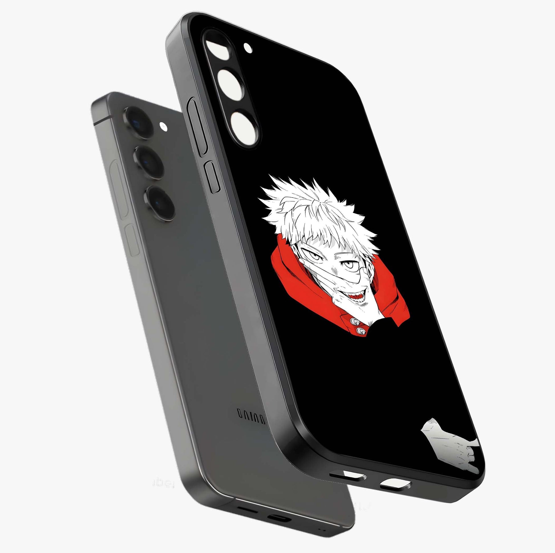 Crimson Chaos Smile Glass Case displayed in angled mockup highlighting edgy crimson smile design with graphic aesthetic.