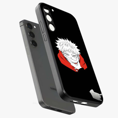 Crimson Chaos Smile Glass Case displayed in angled mockup highlighting edgy crimson smile design with graphic aesthetic.