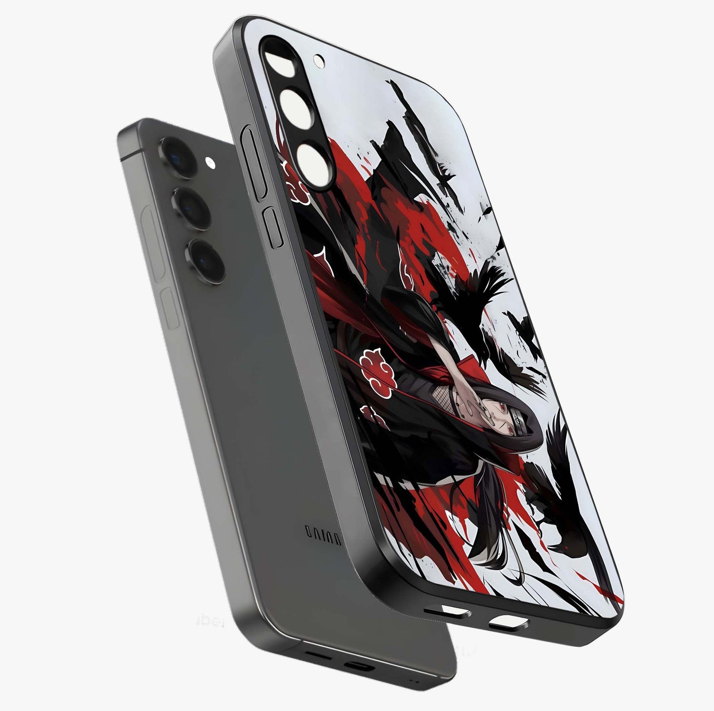 Crimson Crow Illusion Glass Case displayed in angled mockup highlighting mysterious crow graphic with dark aesthetic style.