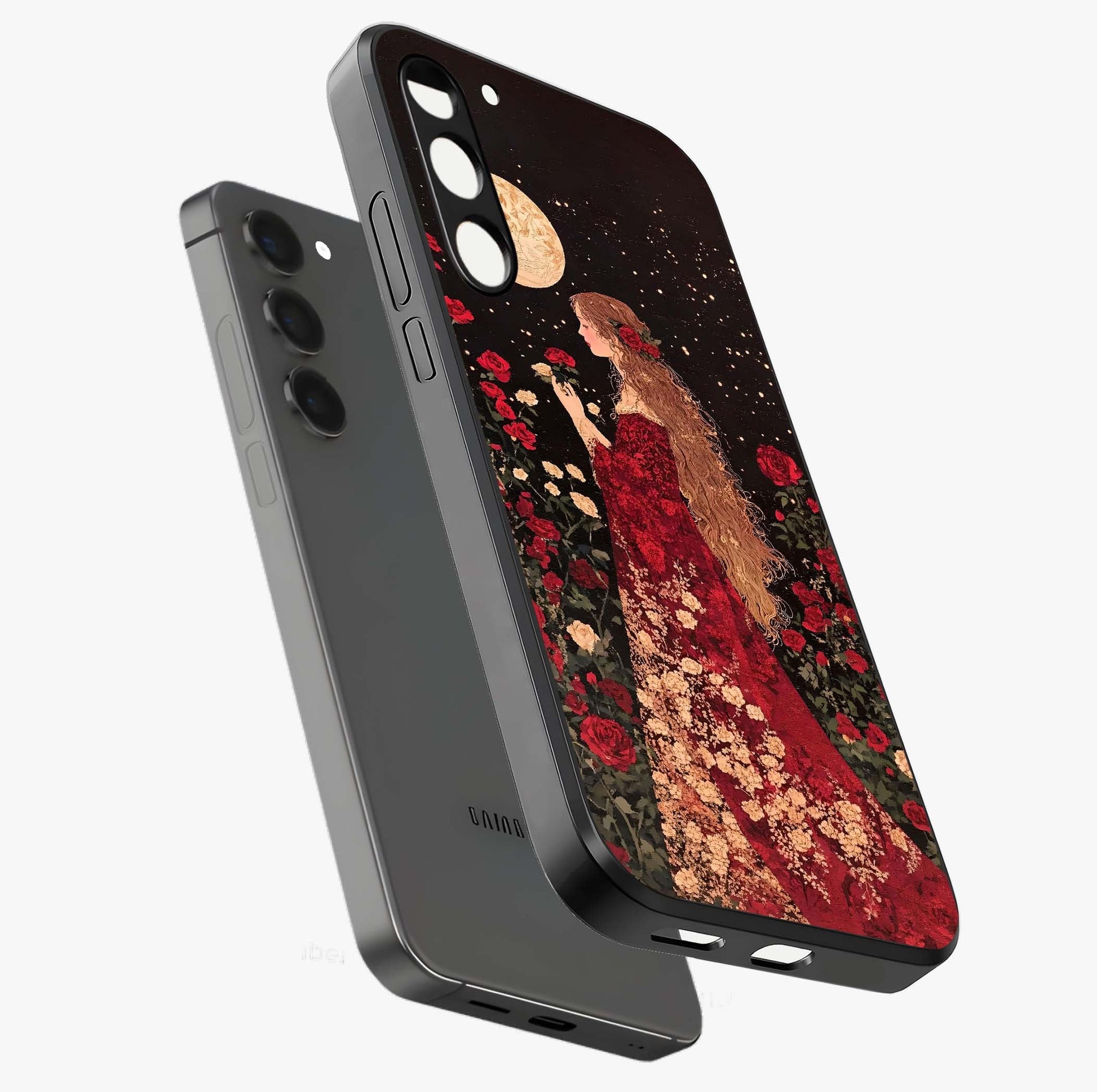 Crimson Dreams Glass Case displayed in angled mockup highlighting soft crimson aesthetic design with artistic theme.