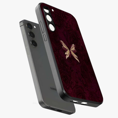 Crimson Fade Butterfly Glass Case displayed in angled mockup highlighting elegant butterfly design with crimson gradient aesthetic.