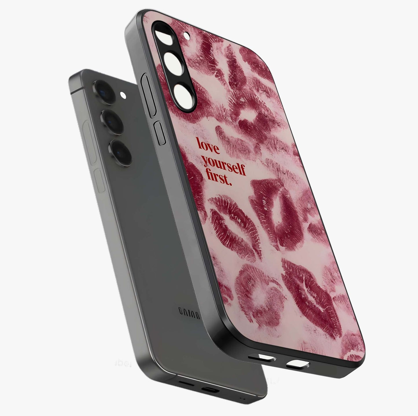 Crimson Kiss Love Glass Case displayed in angled mockup highlighting bold love inspired design with modern aesthetic style.