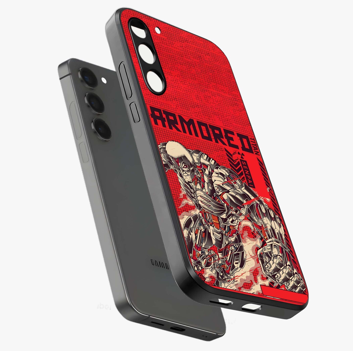 Crimson Mecha Titan Glass Case displayed in angled mockup highlighting futuristic mech illustration with bold crimson aesthetic.