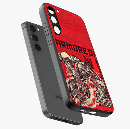 Crimson Mecha Titan Glass Case displayed in angled mockup highlighting futuristic mech illustration with bold crimson aesthetic.