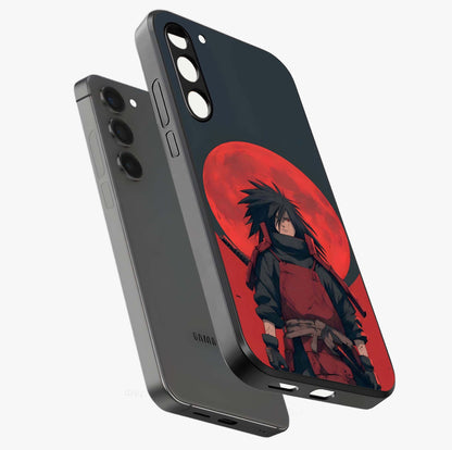 Crimson Moon Warlord Glass Case displayed in angled mockup highlighting dramatic crimson moon design with fantasy aesthetic.