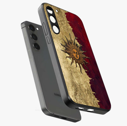 Crimson Sun Majesty Glass Case displayed in angled mockup highlighting majestic crimson sun design with bold aesthetic style.