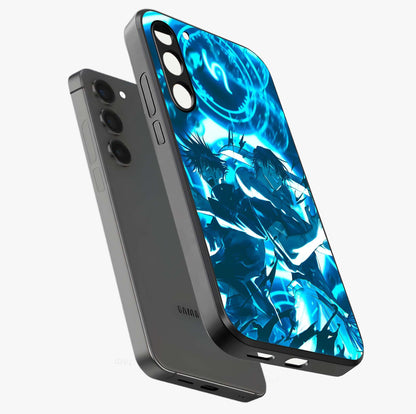 Cursed Energy Clash Glass Case displayed in angled mockup highlighting powerful battle inspired graphic with anime style aesthetic.