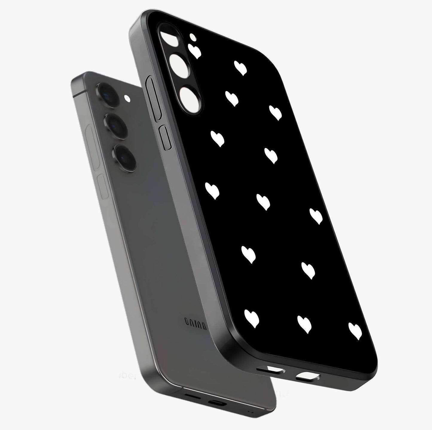 Cute And Simple White Hearts Glass Case displayed in angled mockup highlighting cute heart design with clean aesthetic style.