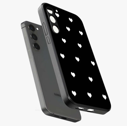 Cute And Simple White Hearts Glass Case displayed in angled mockup highlighting cute heart design with clean aesthetic style.