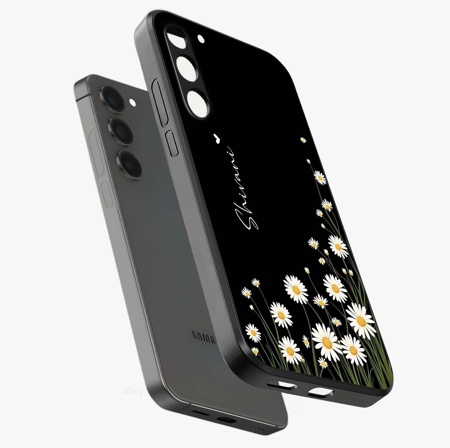 Daisy Cascade Custom Name Glass Case displayed in angled mockup highlighting delicate daisy artwork with custom name feature.
