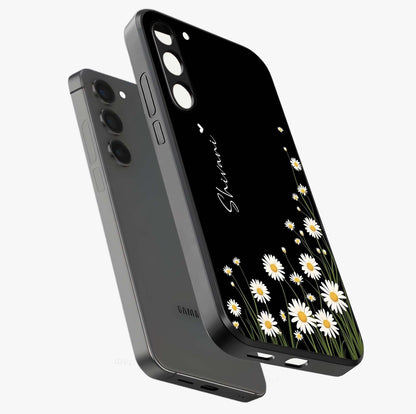 Daisy Cascade Custom Name Glass Case displayed in angled mockup highlighting delicate daisy artwork with custom name feature.